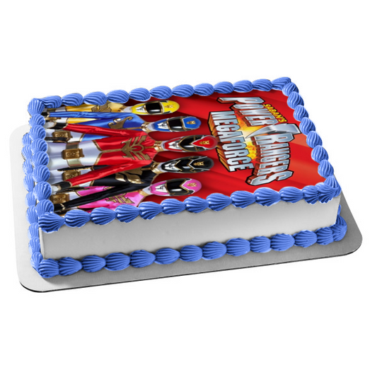 Saban's Power Rangers Megaforce Logo Rojo Azul Negro Amarillo y Rosa Ranger Decoración comestible para tarta Imagen ABPID04822 