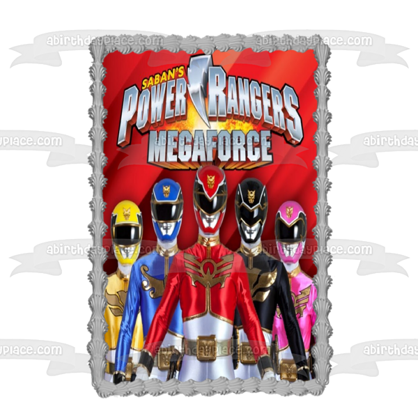 Saban's Power Rangers Megaforce Logo Red Blue Black Yellow and Pink Ranger Edible Cake Topper Image ABPID04822