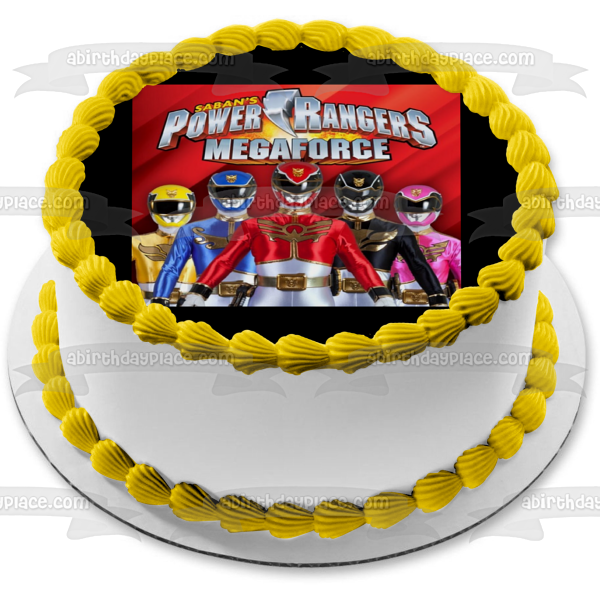 Saban's Power Rangers Megaforce Logo Red Blue Black Yellow and Pink Ranger Edible Cake Topper Image ABPID04822