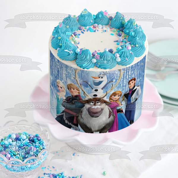 Frozen Anna Elsa Olaf Sven Kristoff Waterfall Background Edible Cake Topper Image ABPID04829
