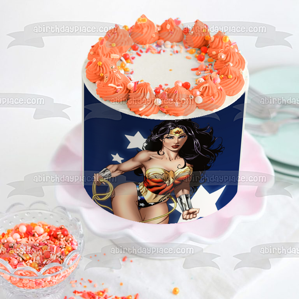 Wonder Woman with a  Blue Background with White Stars Edible Cake Topper Image ABPID04837
