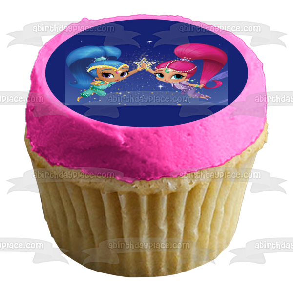 Shimmer and Shine High Five with a  Star In the Background Edible Cake Topper Image ABPID04853