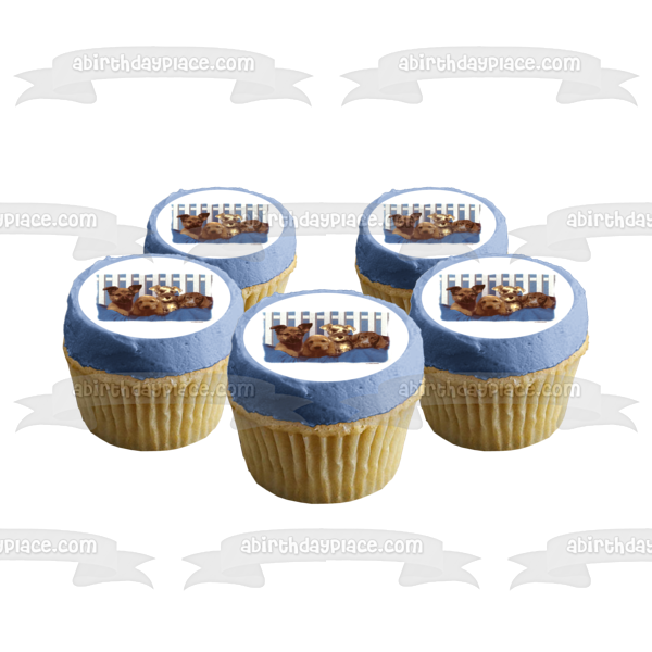 Dogs Puppies Breeds Blue Blanket and a White Fence Edible Cake Topper Image ABPID04855
