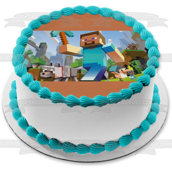 Minecraft Steve Diamond Pickaxe Wolf and a Creeper Edible Cake Topper Image ABPID04862