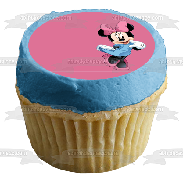 Minnie Mouse Blue Dress with a Pink Background Edible Cake Topper Image ABPID04867