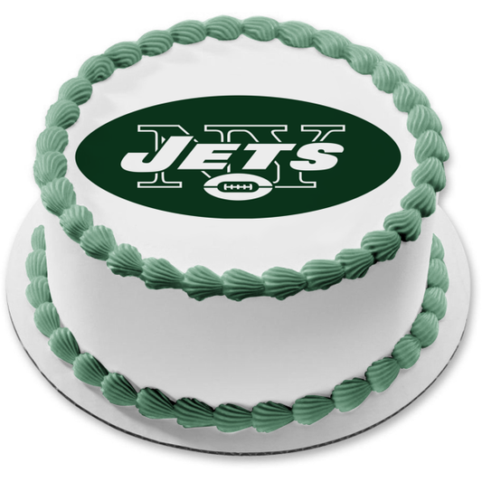 Imagen de decoración comestible para tarta con el logotipo de los New York Jets de la NFL y un balón de fútbol verde ABPID05113 