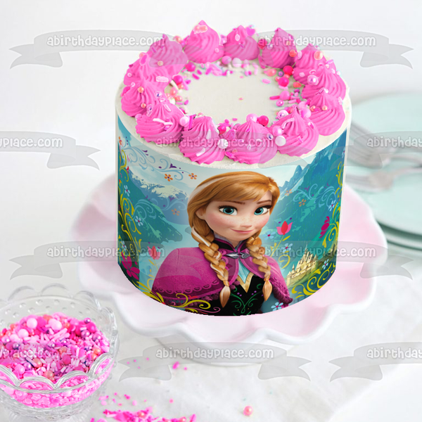 Frozen Anna Castle Mountains Flowers Edible Cake Topper Image ABPID05227