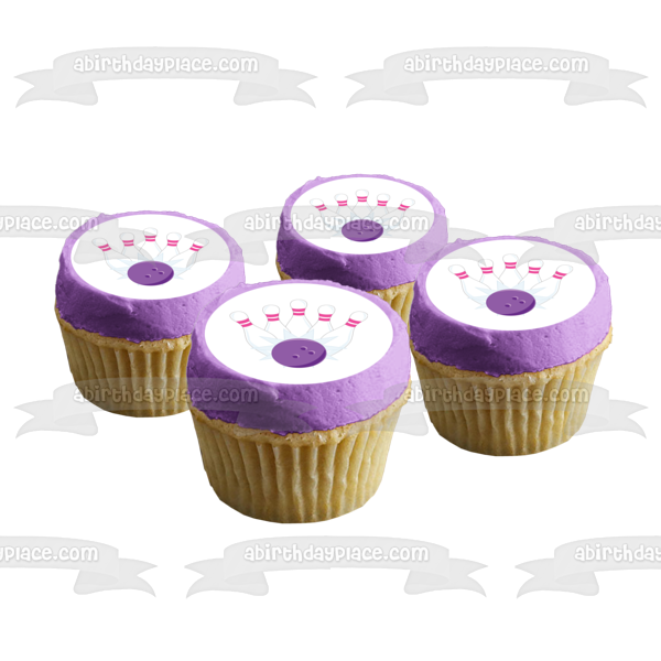 Girls Bowling Pink Pins and a Purple Bowling Ball Edible Cake Topper Image ABPID05327