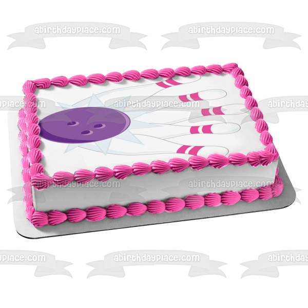 Girls Bowling Pink Pins and a Purple Bowling Ball Edible Cake Topper Image ABPID05327