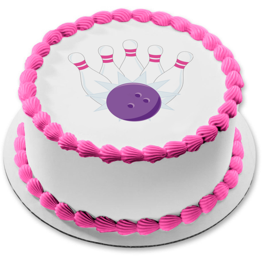 Girls Bowling Pink Pins and a Purple Bowling Ball Edible Cake Topper Image ABPID05327