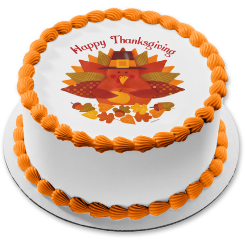 Happy Thanksgiving Turkey Leaves and Acorns Edible Cake Topper Image ABPID05371