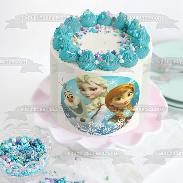 Frozen Anna Elsa Olaf and Snowflakes Edible Cake Topper Image ABPID05297