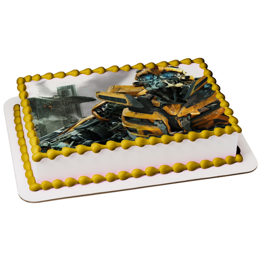 Imagen de decoración comestible para tarta de Transformers Bumblebee y un edificio en llamas ABPID05513 