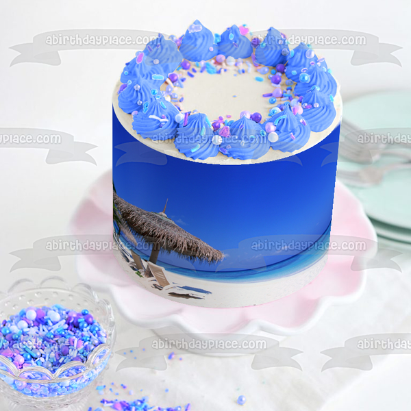 Beach Scenery Sand Ocean and Beach Chairs Edible Cake Topper Image ABPID05558