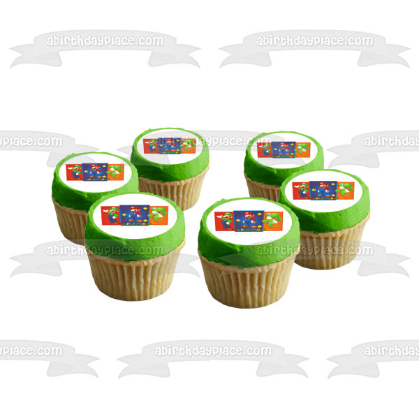 Super Mario Brothers Luigi Yoshi and Stars Edible Cake Topper Image ABPID05569
