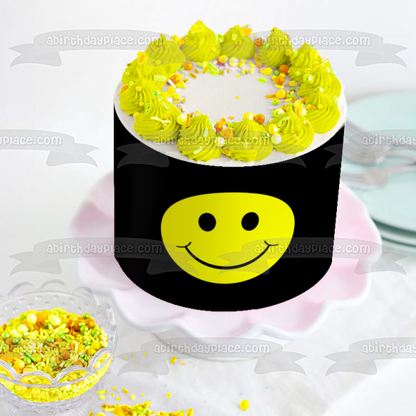 Emoji Smiley Face Black and Yellow Edible Cake Topper Image ABPID05594