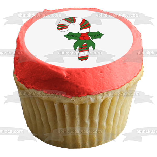 Merry Christmas Candy Cane and a Bow with Mistletoe Edible Cake Topper Image ABPID05658
