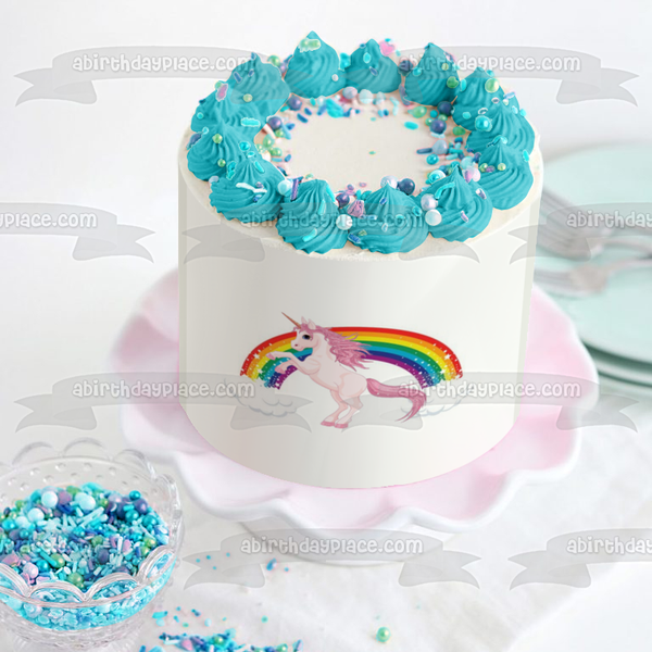 Pink Unicorn Rainbow and Clouds Edible Cake Topper Image ABPID05728