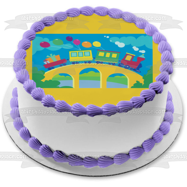 Happy Birthday Trains Balloons Clouds and Trees Edible Cake Topper Image ABPID05690