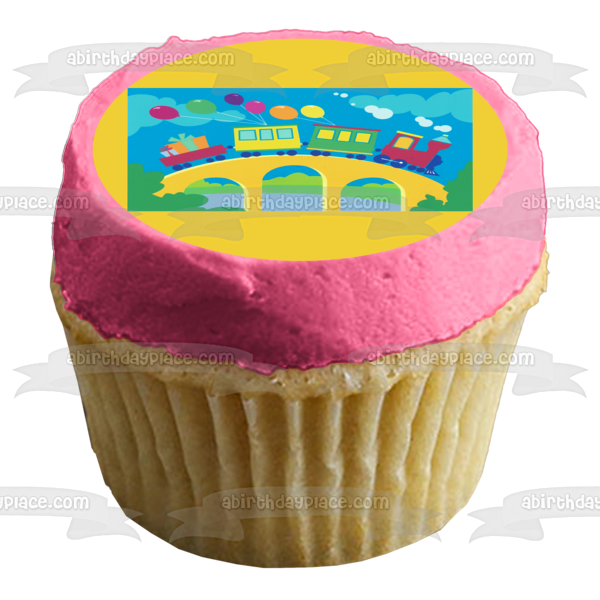 Happy Birthday Trains Balloons Clouds and Trees Edible Cake Topper Image ABPID05690