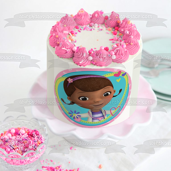Doc McStuffins Hearts Flowers and a Stethoscope Edible Cake Topper Image ABPID05694