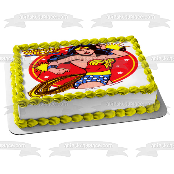 Wonder Woman with a  Red Background and Stars Edible Cake Topper Image ABPID05754