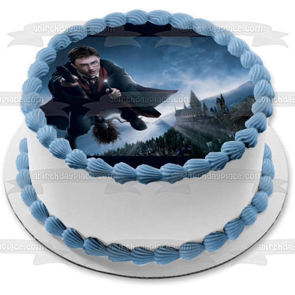 Harry Potter and His Broomstick Hogwarts School of Wizarding Edible Cake Topper Image ABPID05760
