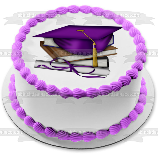 Graduation Books Purple Cap and a  Scroll Edible Cake Topper Image ABPID05798