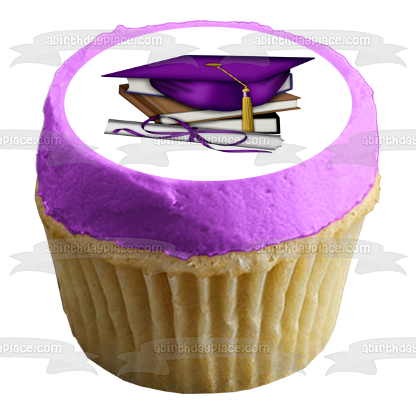 Graduation Books Purple Cap and a  Scroll Edible Cake Topper Image ABPID05798