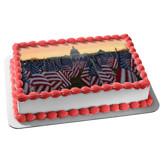 Happy Inauguration Day American Flags the White House Edible Cake Topper Image ABPID55209