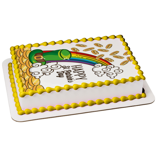 Happy St. Patrick's Day Rainbow Leprechaun Hat Gold Coins Edible Cake Topper Image ABPID55251