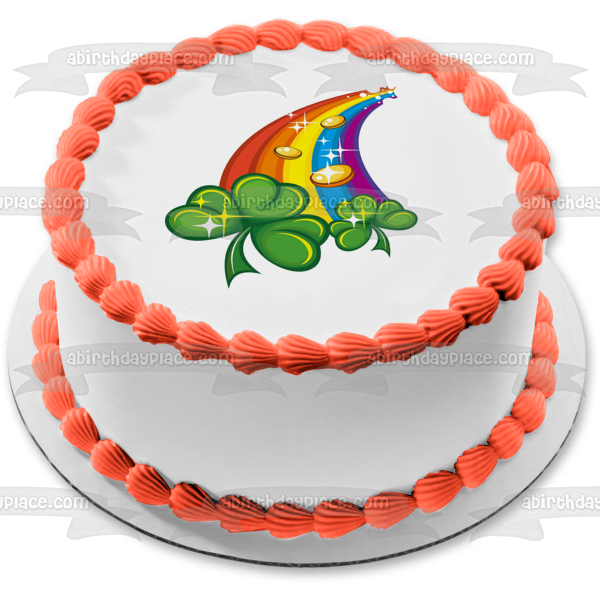 Happy St. Patricks Day Shamrocks Rainbow Gold Coins Edible Cake Topper Image ABPID55252