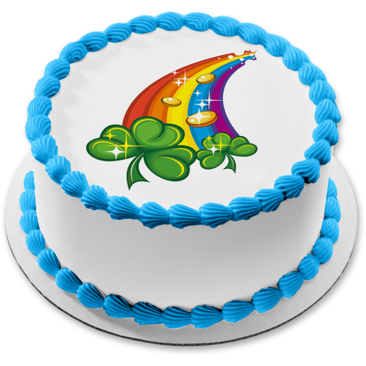 Happy St. Patricks Day Shamrocks Rainbow Gold Coins Edible Cake Topper Image ABPID55252