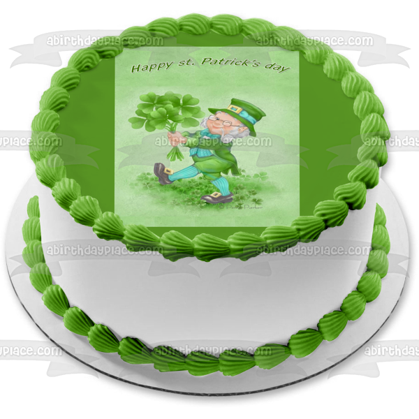 Happy St. Patrick's Day Leprechaun with Shamrocks Edible Cake Topper Image ABPID55254