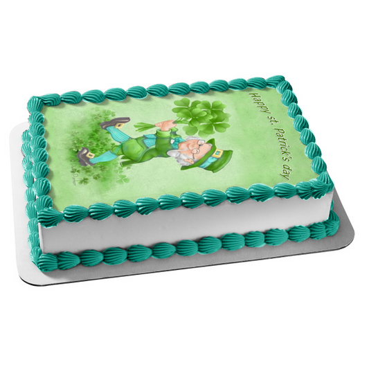 Happy St. Patrick's Day Leprechaun with Shamrocks Edible Cake Topper Image ABPID55254