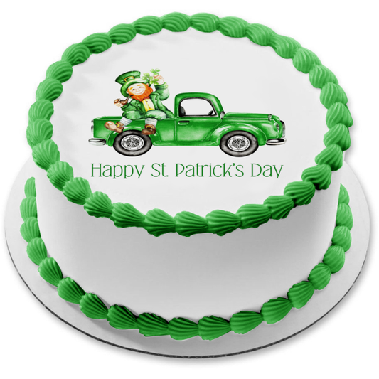 Happy St. Patrick's Day Leprechaun Riding In a Green Truck Edible Cake Topper Image ABPID55255
