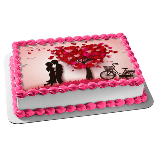 Feliz Día de San Valentín Árbol de Corazones Hombre y Mujer Abrazando Siluetas Imagen comestible para decoración de tarta ABPID55222 