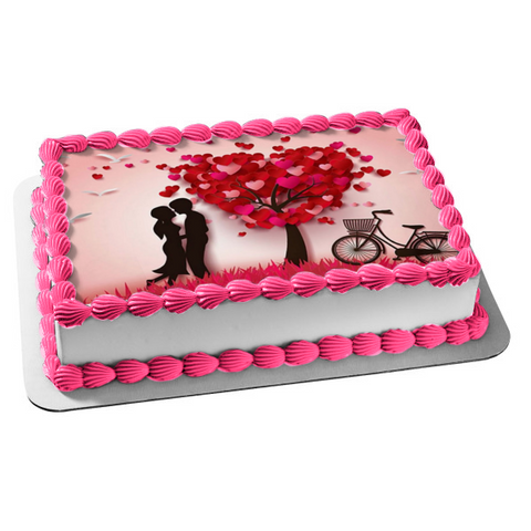 Happy Valentines Day Tree of Hearts Man and Woman Embracing Silhouettes Edible Cake Topper Image ABPID55222