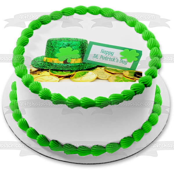 Happy St. Patricks Day Leprechaun Hat Shamrocks Gold Coins Edible Cake Topper Image ABPID55259