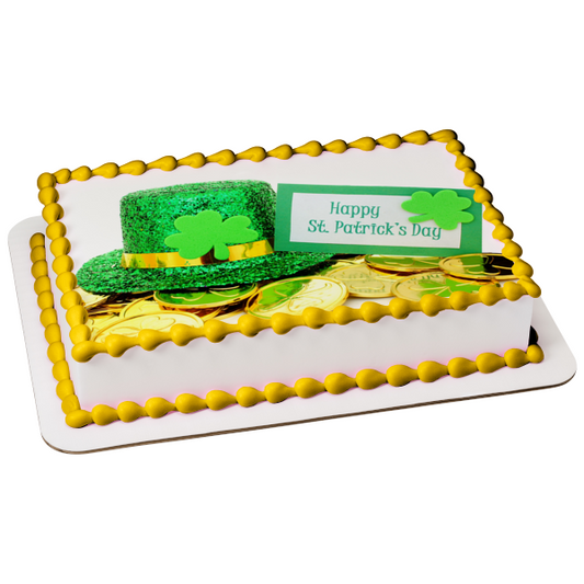 Happy St. Patricks Day Leprechaun Hat Shamrocks Gold Coins Edible Cake Topper Image ABPID55259
