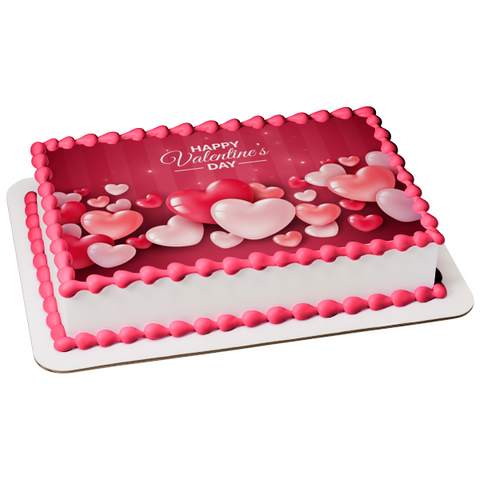 Happy Valentines Day Pink Hearts Edible Cake Topper Image ABPID55223