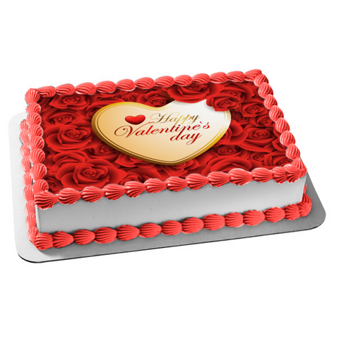 Happy Valentine's Day Red Roses and Hearts Edible Cake Topper Image ABPID55224