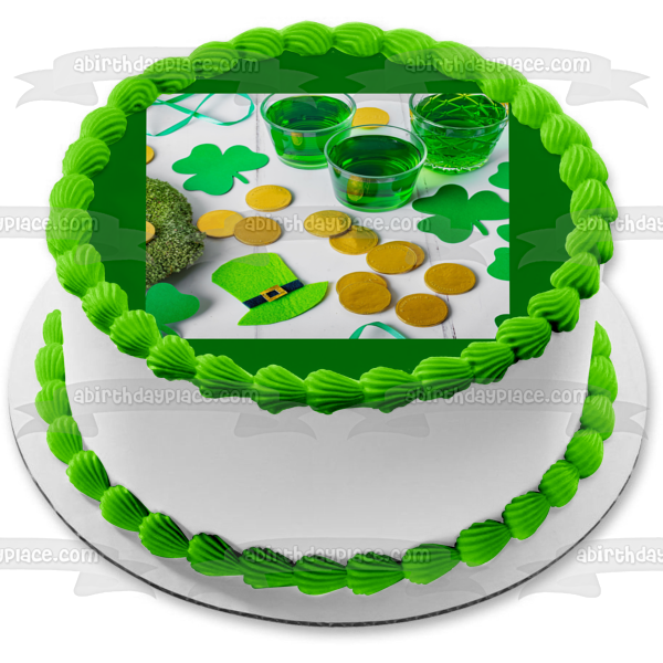 Happy St. Patrick's Day Gold Coins Leprechaun Hats Shamrocks Edible Cake Topper Image ABPID55261