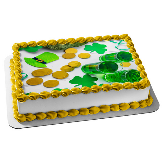 Happy St. Patrick's Day Gold Coins Leprechaun Hats Shamrocks Edible Cake Topper Image ABPID55261