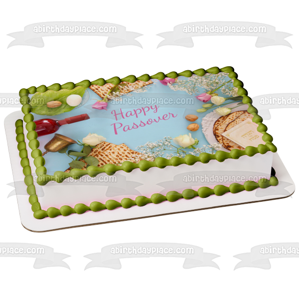 Happy Passover Wine and Bread Edible Cake Topper Image ABPID55266
