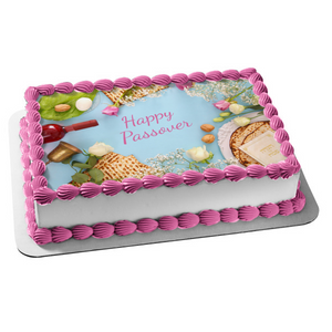 Happy Passover Wine and Bread Edible Cake Topper Image ABPID55266