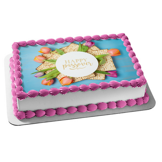 Happy Passover Flowers and Bread Edible Cake Topper Image ABPID55267