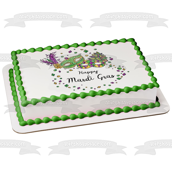 Happy Mardi Gras Masks and Jewels Edible Cake Topper Image ABPID55233