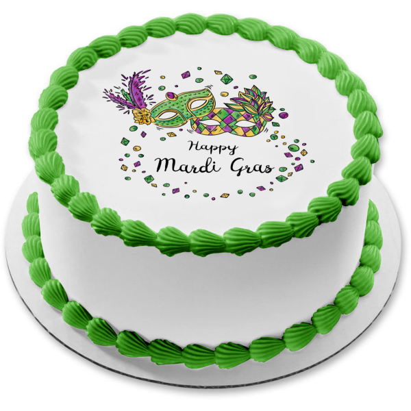 Happy Mardi Gras Masks and Jewels Edible Cake Topper Image ABPID55233