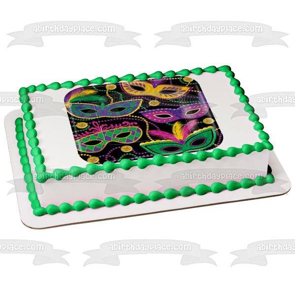 Happy Mardi Gras Colorful Masks Edible Cake Topper Image ABPID55234